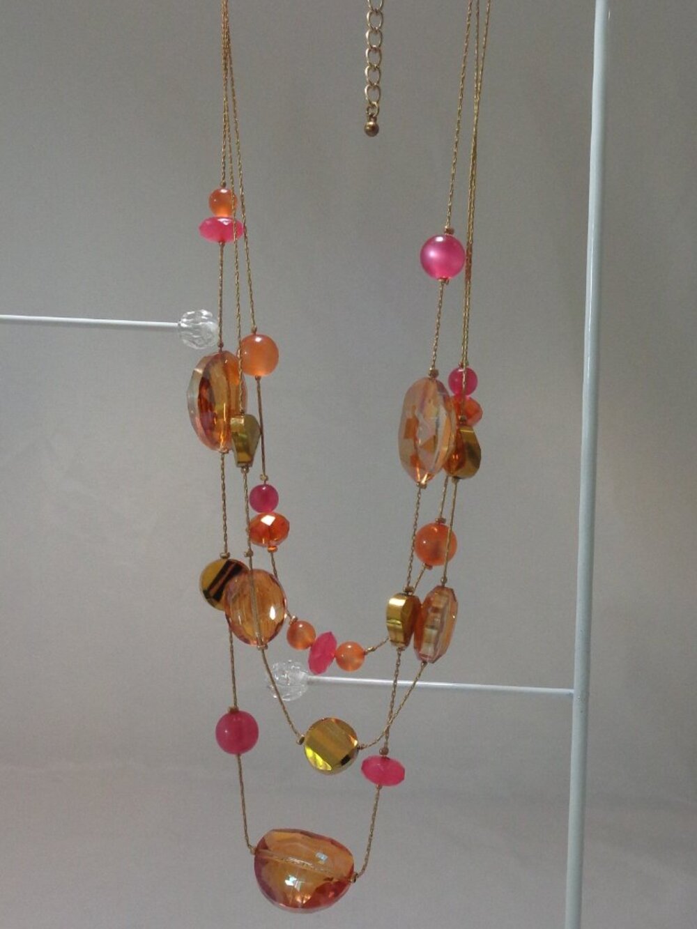 Vintage 3 Strand Crystal & Resin Bead Necklace Pinks/Peach 17"